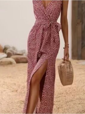 Women's Dusty Rose Floral Wrap Maxi Dress with Double Side Slits